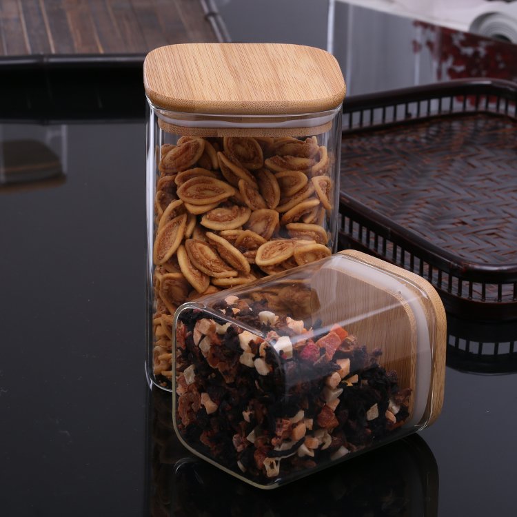 Factory Price borosilicate Kitchen custom square storage glass jars with bamboo lid