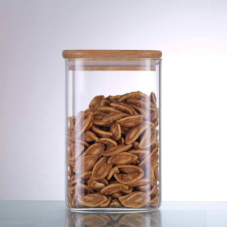 Factory Price borosilicate Kitchen custom square storage glass jars with bamboo lid