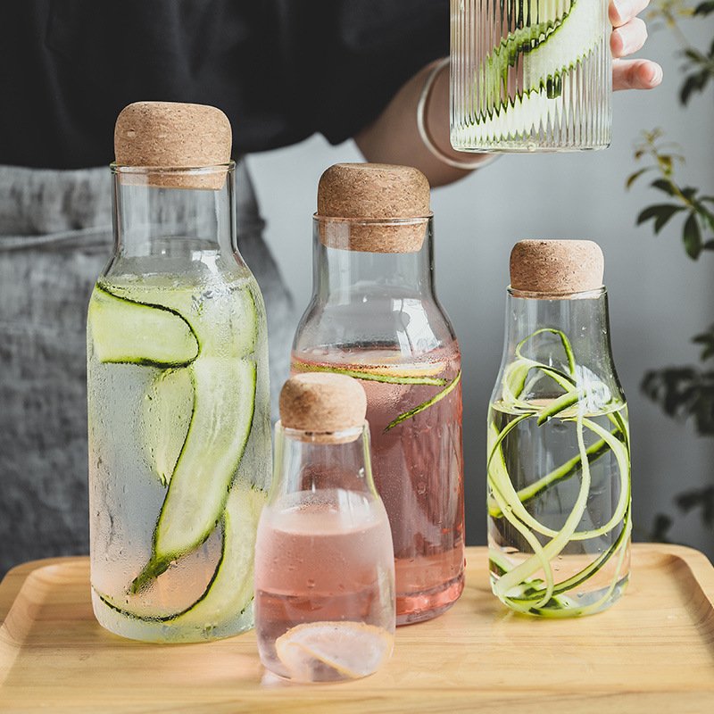 Blow Glass Carafe Water Bottle with Cork Stopper Lid Food Storage Jar Borosilicate Glass Canister with Cover