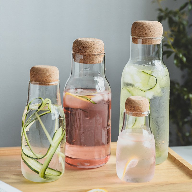 Blow Glass Carafe Water Bottle with Cork Stopper Lid Food Storage Jar Borosilicate Glass Canister with Cover