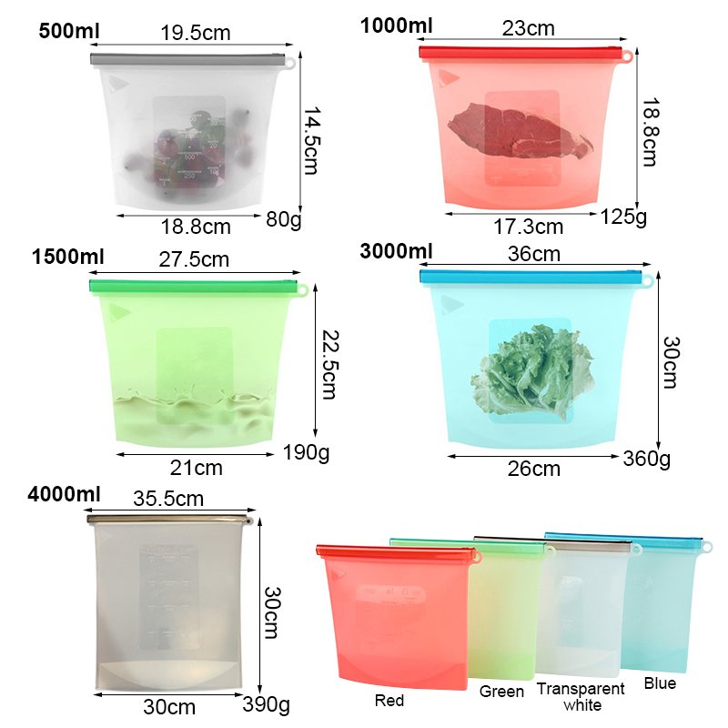 1000ml Microwave available No BPA food grade freezer storage bag platinum silicone fresh food bag