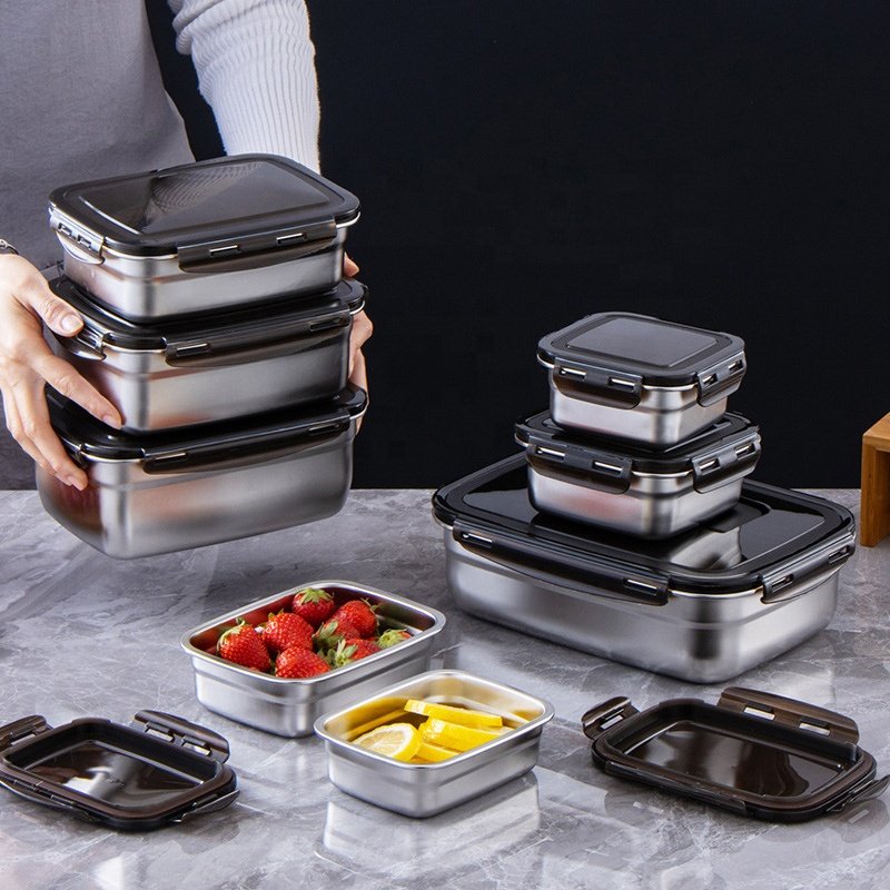 New listing stainless steel rectangular food keeping fresh storage containers crisper sealed bento box set with lids