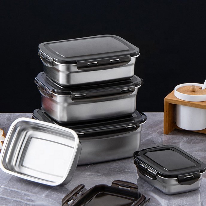 New listing stainless steel rectangular food keeping fresh storage containers crisper sealed bento box set with lids