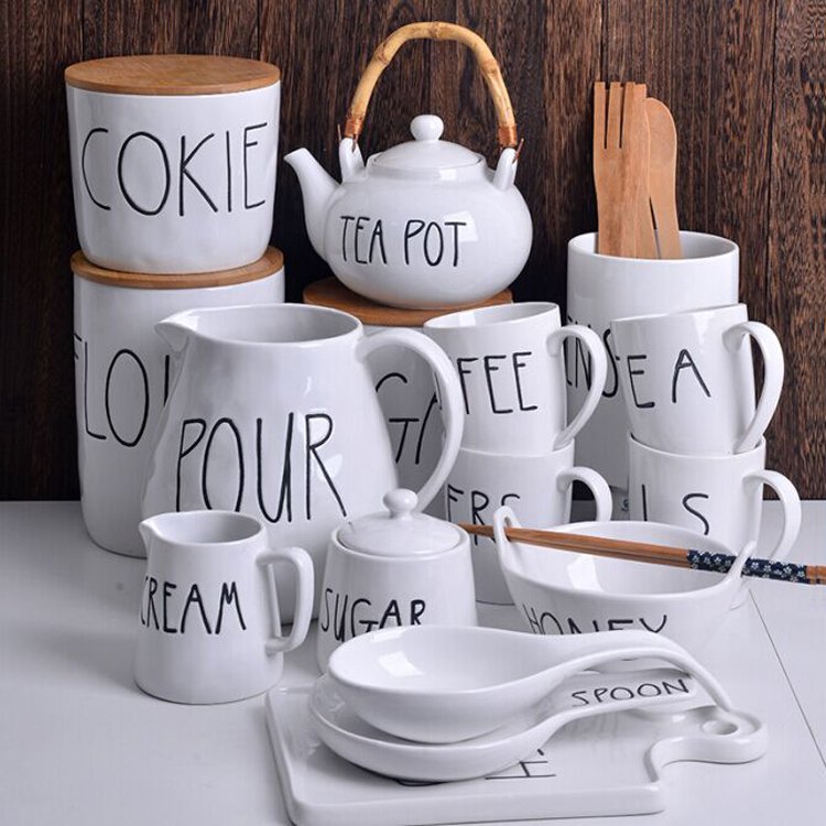Hot sale letter design Ceramic Food Storage Jar With bamboo Lid Seal Container Tank Home goods canister