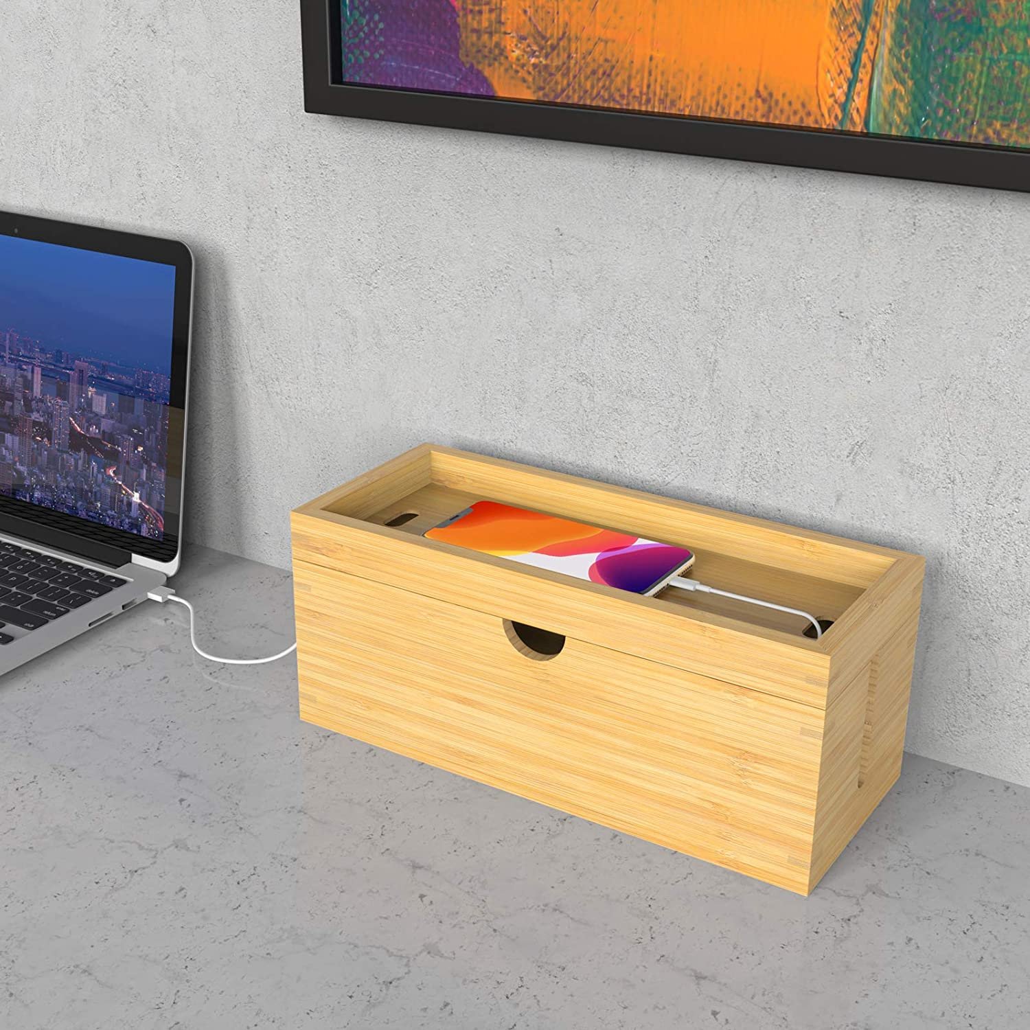 Bamboo Cable Management Box, Large Size 13.18x5.51x5.51 Inches Hider Cord Organizer Box Storage Holder for Desk - Conceal Power