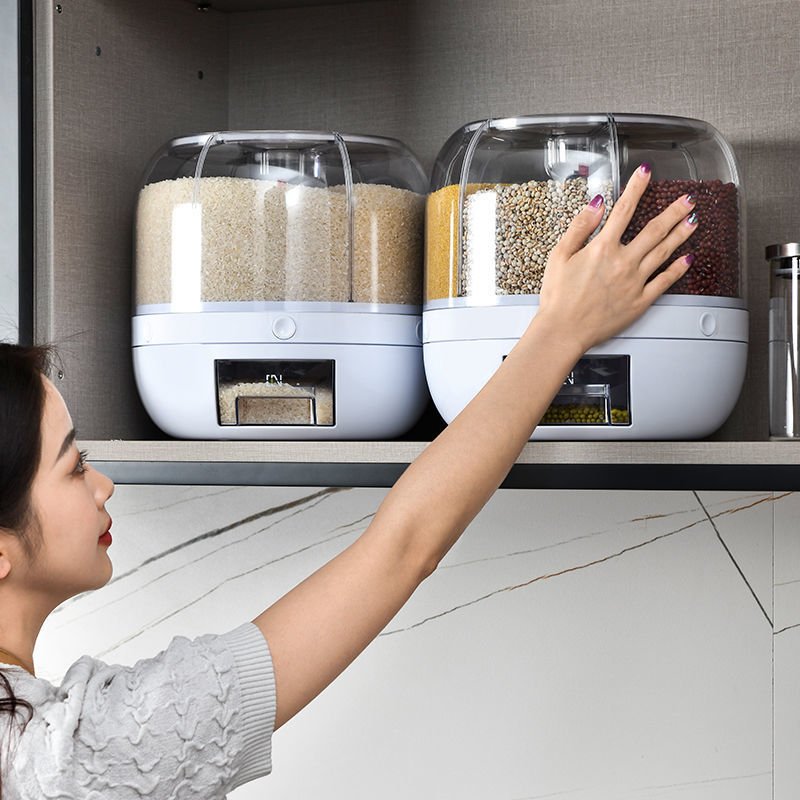 Rice Dispenser Kitchen Moisture-Proof 6-Grid Rotating Food Grain Dispenser Cereal Storage Box Rice Container Dispenser