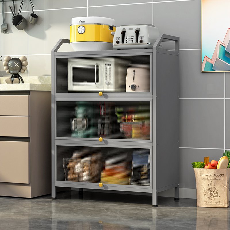 Modern Kitchen Dustproof Cabinet Multifunctional Storage Rack Food Container Display Shelf Kitchenware Microwave Oven Rack