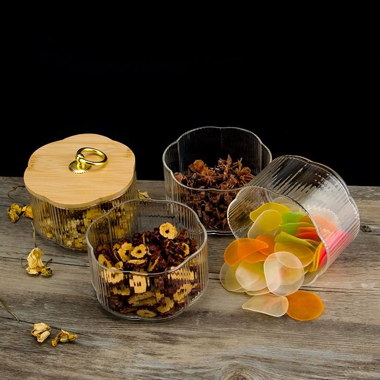 Wholesale High Borosilicate Glass Jar Bamboo Cover Layered Storage Tank Food Container Wooden Lid Kitchen Use Nuts Flower Design