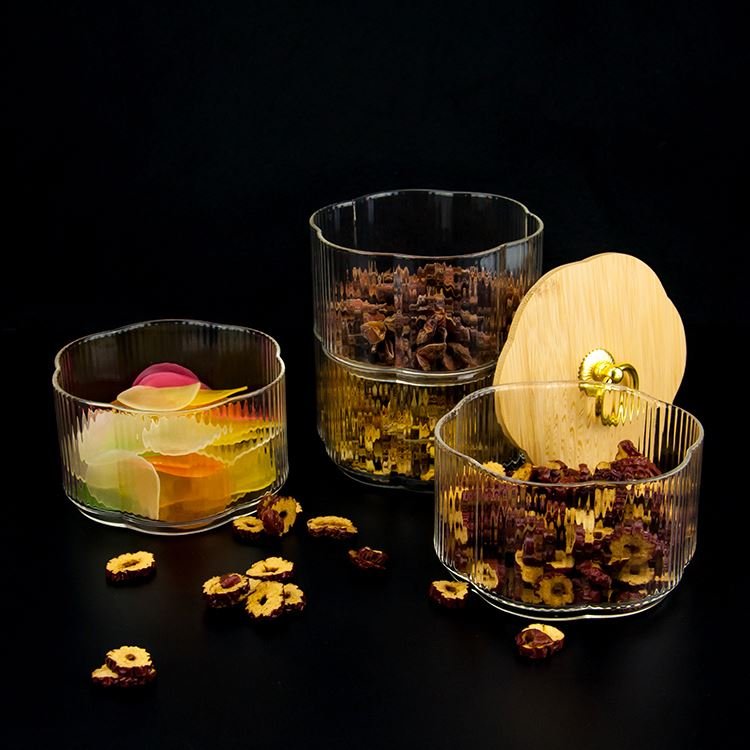 Wholesale High Borosilicate Glass Jar Bamboo Cover Layered Storage Tank Food Container Wooden Lid Kitchen Use Nuts Flower Design