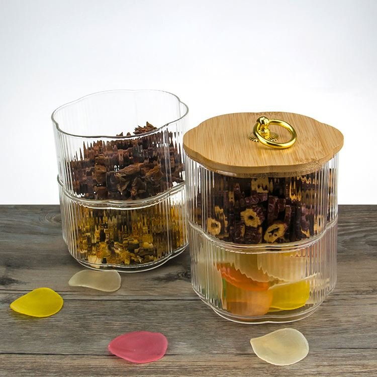 Wholesale High Borosilicate Glass Jar Bamboo Cover Layered Storage Tank Food Container Wooden Lid Kitchen Use Nuts Flower Design