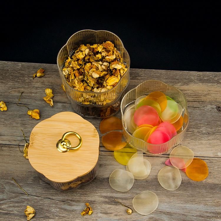 Wholesale High Borosilicate Glass Jar Bamboo Cover Layered Storage Tank Food Container Wooden Lid Kitchen Use Nuts Flower Design