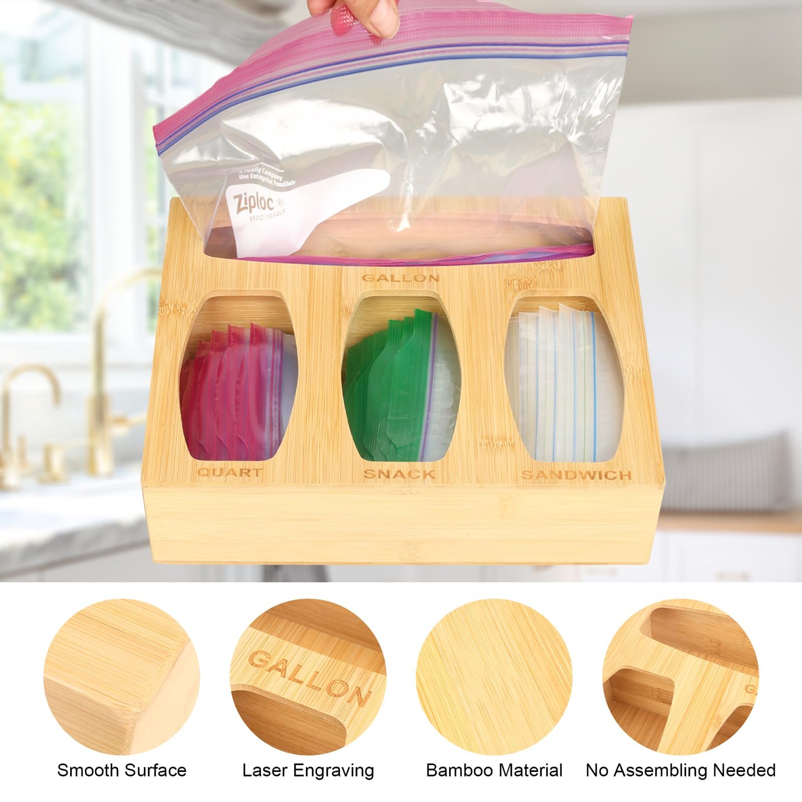 Bamboo Ziplock Bag Kitchen Drawer Storage Organizer Suitable for Quart Sandwich Snack Variety Size Bag