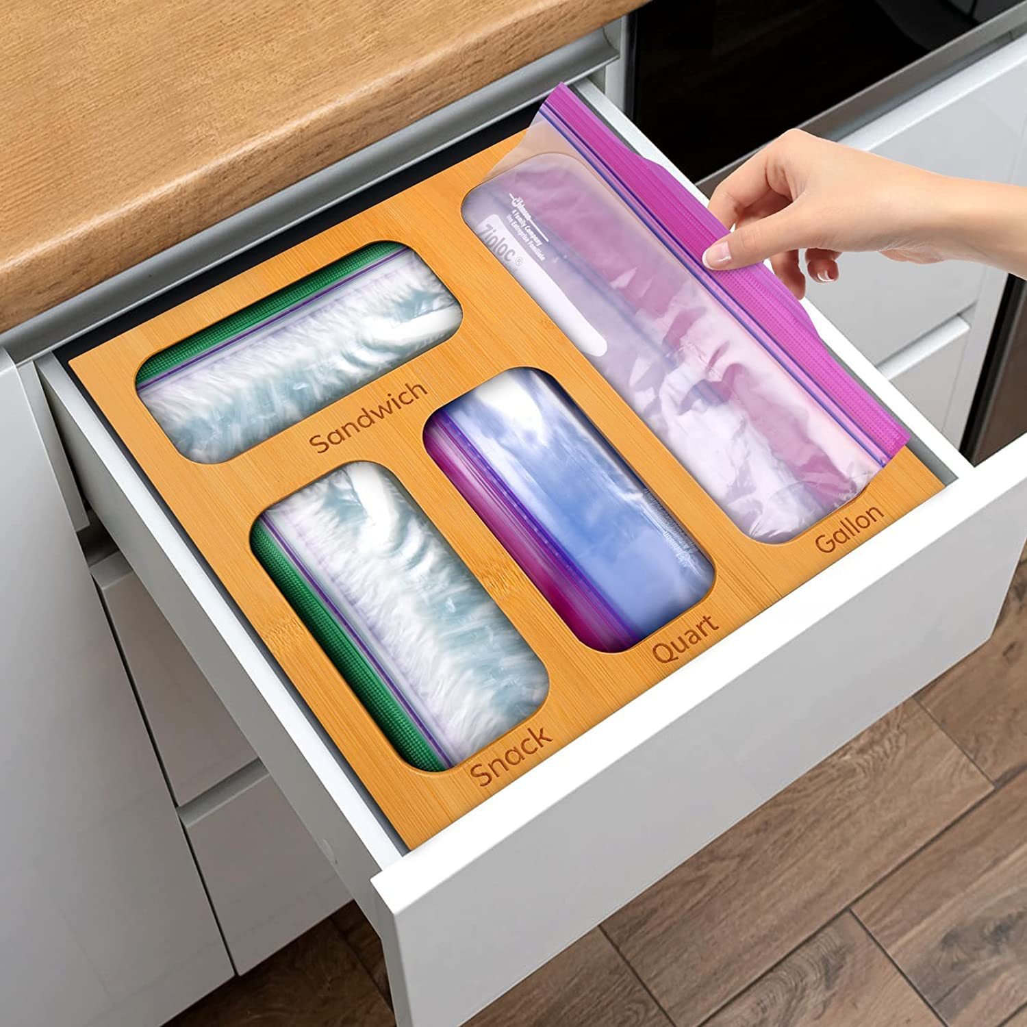 Bamboo Ziplock Bag Kitchen Drawer Storage Organizer Suitable for Quart Sandwich Snack Variety Size Bag