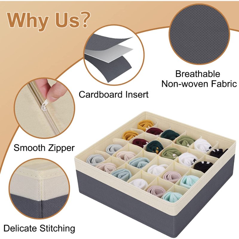 Drawer Organizer Divider Foldable Closet Storage Organizer Fabric Organization Bins for Clothes 4 Pcs (Beige & Dark Grey)
