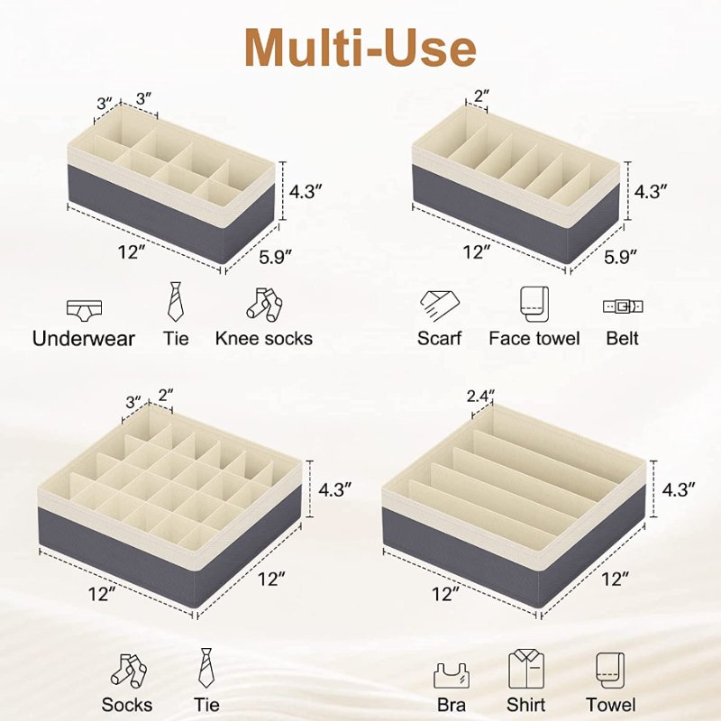 Drawer Organizer Divider Foldable Closet Storage Organizer Fabric Organization Bins for Clothes 4 Pcs (Beige & Dark Grey)
