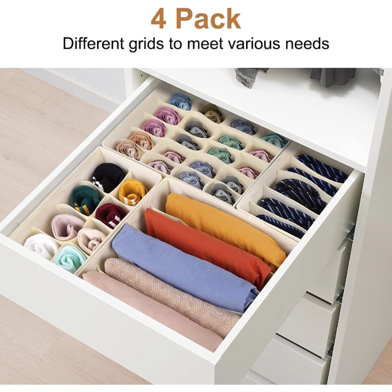 Drawer Organizer Divider Foldable Closet Storage Organizer Fabric Organization Bins for Clothes 4 Pcs (Beige & Dark Grey)