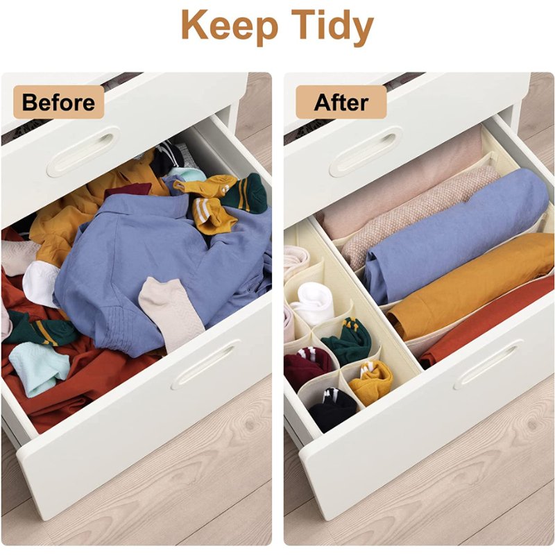 Drawer Organizer Divider Foldable Closet Storage Organizer Fabric Organization Bins for Clothes 4 Pcs (Beige & Dark Grey)