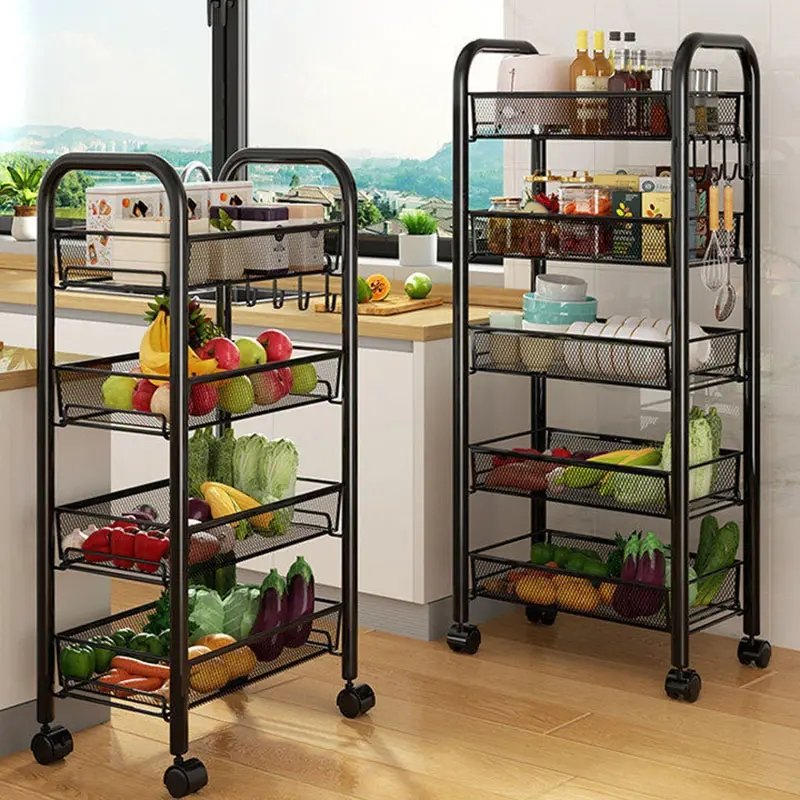 Rotating Storage Baskets Rack Stackable Metal Kitchen Organizer Cube Fruit Vegetable Organizer Trolley Cart Storage Shelf