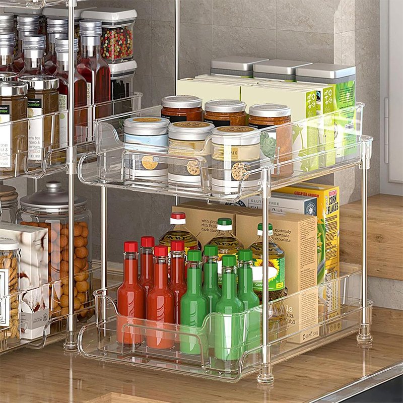 Multi-purpose Pull Out 2 Tier Clear Acrylic Plastic Under Sink Organizer and Storage Transparent Storage Box