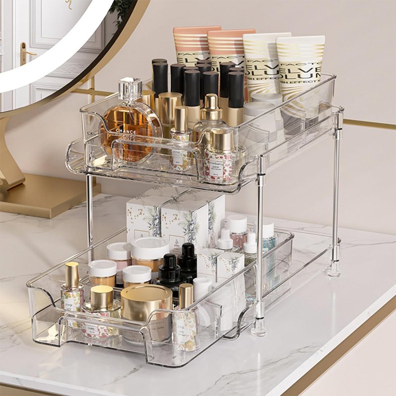 Multi-purpose Pull Out 2 Tier Clear Acrylic Plastic Under Sink Organizer and Storage Transparent Storage Box