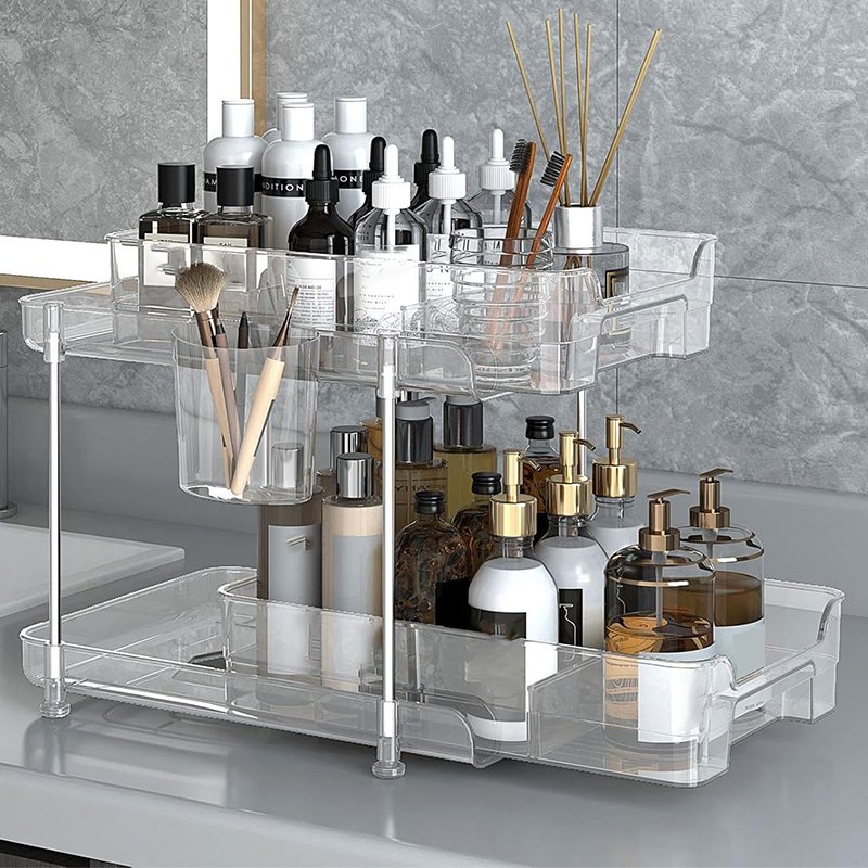 Multi-purpose Pull Out 2 Tier Clear Acrylic Plastic Under Sink Organizer and Storage Transparent Storage Box