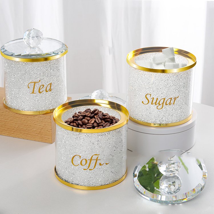 Newest Modern Airtight Crystal Gold Coffee Food Storage Bottle With Lid Glass Tea Sugar Candy Storage Jar Set