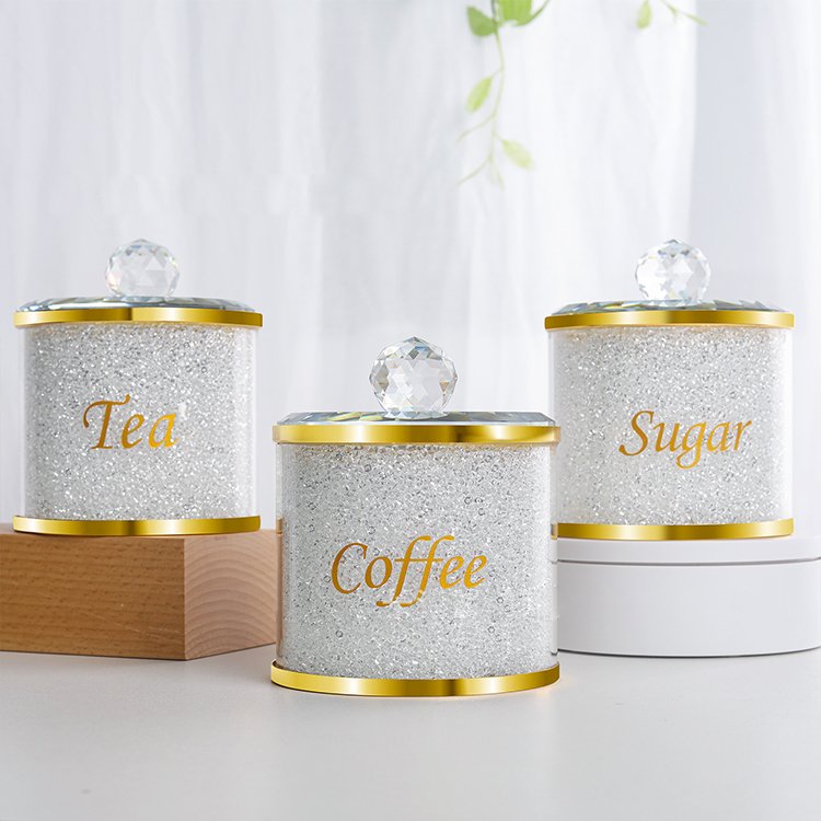 Newest Modern Airtight Crystal Gold Coffee Food Storage Bottle With Lid Glass Tea Sugar Candy Storage Jar Set