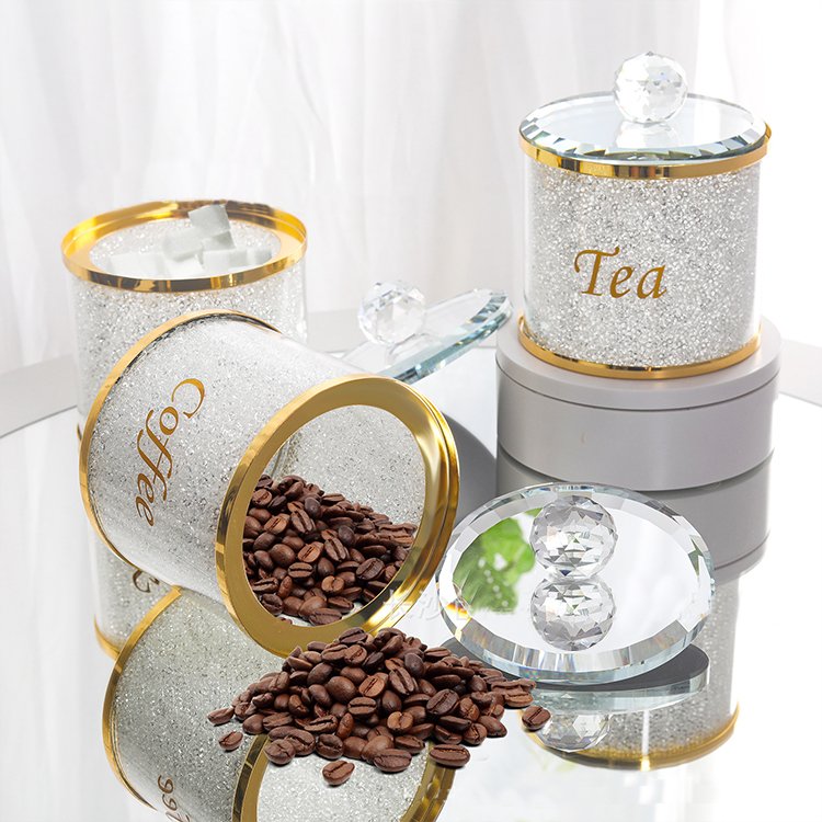 Newest Modern Airtight Crystal Gold Coffee Food Storage Bottle With Lid Glass Tea Sugar Candy Storage Jar Set