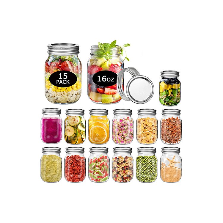 150ml 500ml 1000ml Round Glass Empty Mason Jar food Storage Jars with Silver Metal Lid For Canning Food