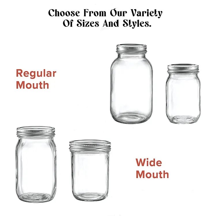 150ml 500ml 1000ml Round Glass Empty Mason Jar food Storage Jars with Silver Metal Lid For Canning Food