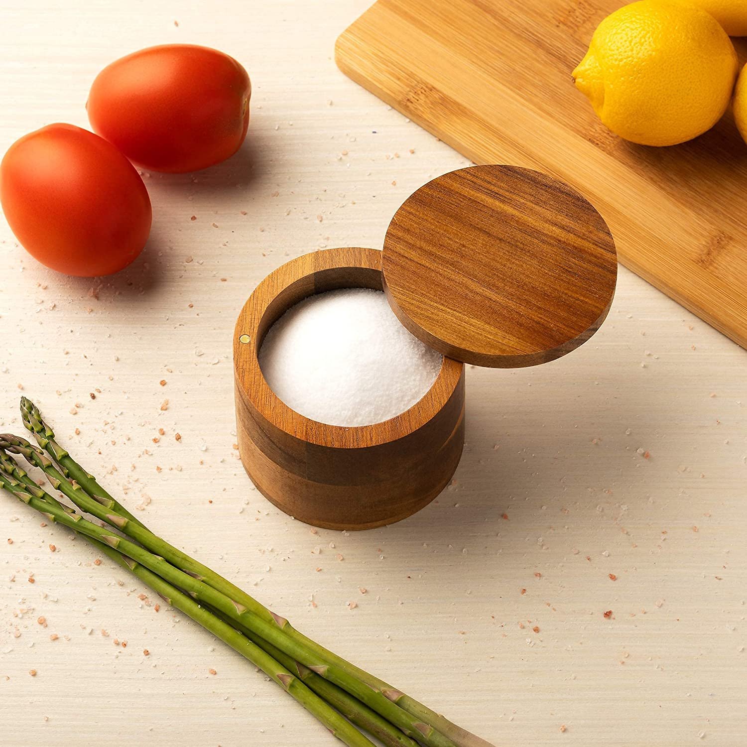 Natural bamboo kitchen salt box spice storage container seasoning pepper cellars with lid