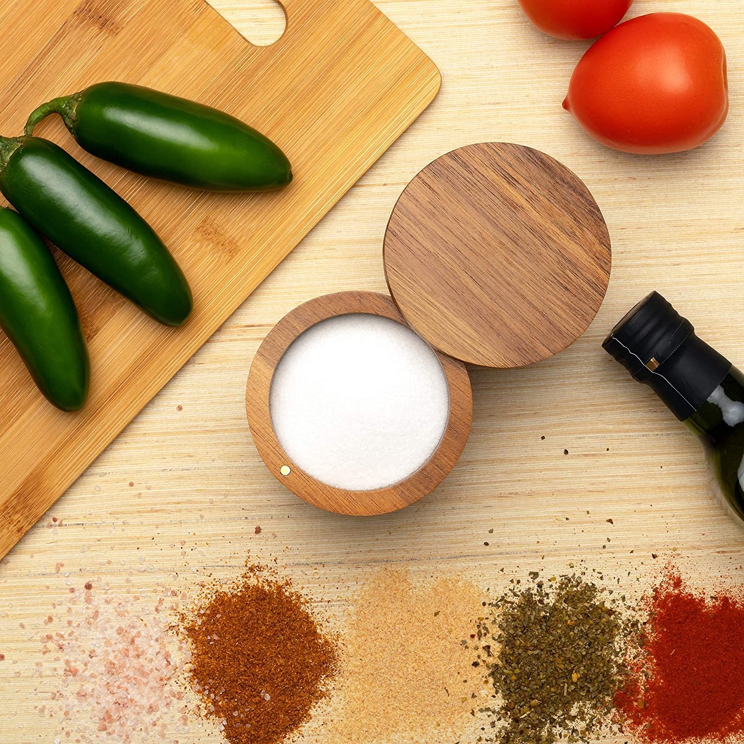 Natural bamboo kitchen salt box spice storage container seasoning pepper cellars with lid