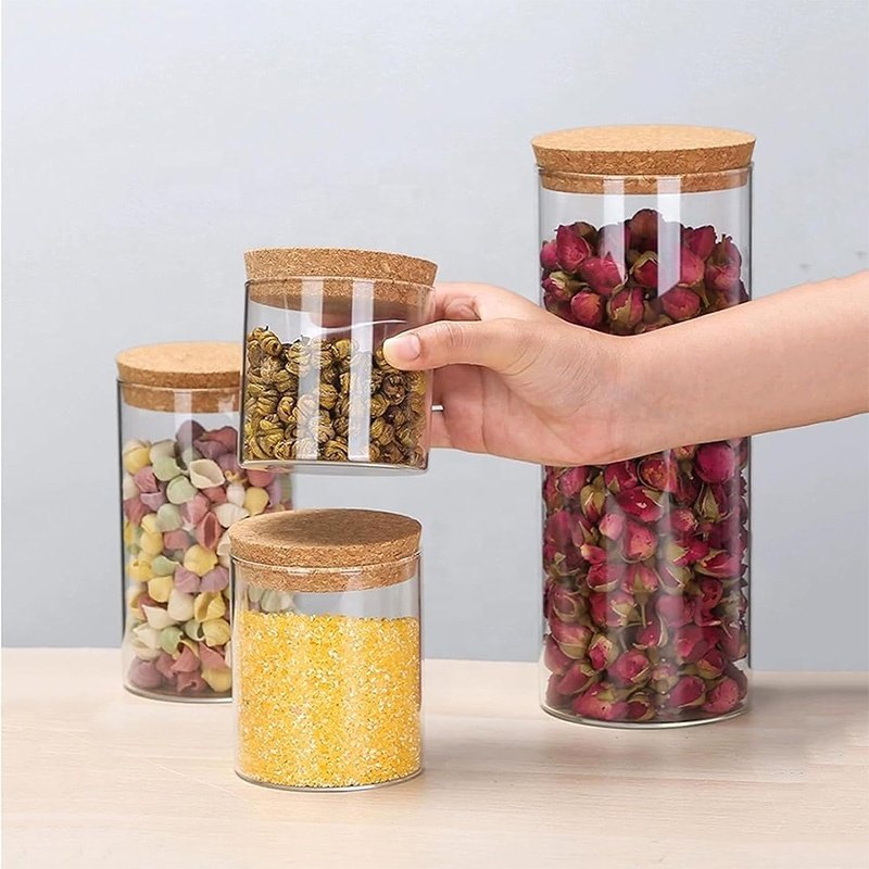 Hot Selling Kitchen Airtight Glass Canisters Food Storage Jar with Cork Lid High Borosilicate Glass Spice Jar with Cork Lid