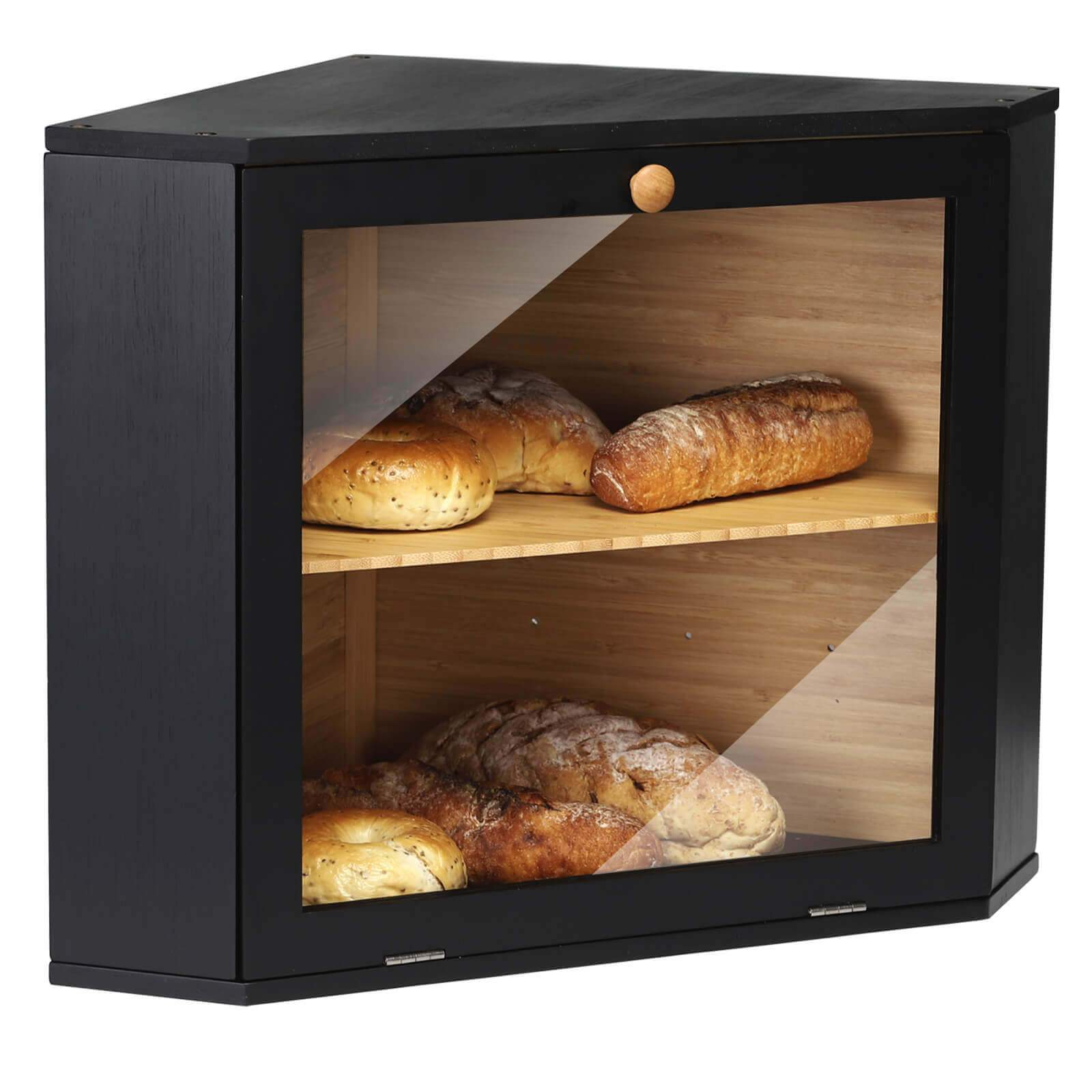 Bamboo Corner Bread Box Double Layers Wood Bread Bin for Kitchen Bamboo Bread Box
