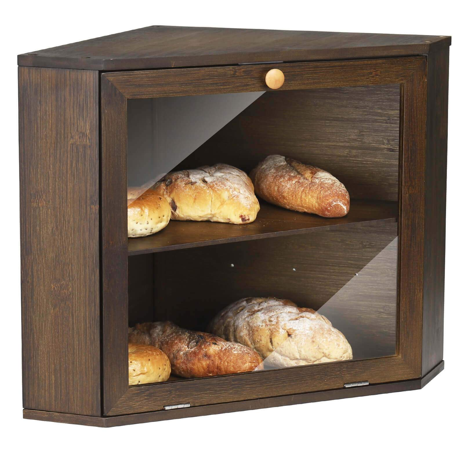 Bamboo Corner Bread Box Double Layers Wood Bread Bin for Kitchen Bamboo Bread Box