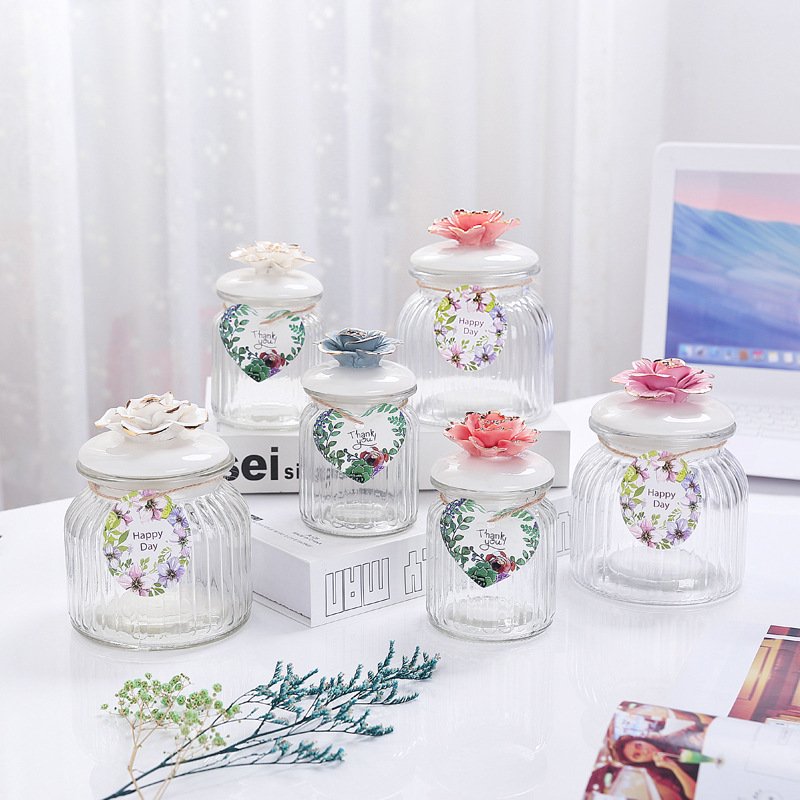 Custom 240ml Vertical Stripe Nordic Ceramic Painted Lid Glass Container Wholesale Airtight Kitchen Glass Storage Jar