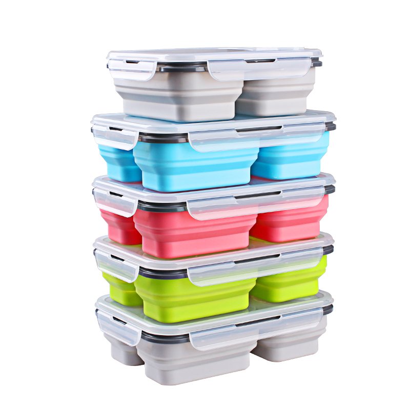 2023 New Collapsible 3 Compartment Food Container Microwave Safe Silicone Food Storage Container Lunch Box