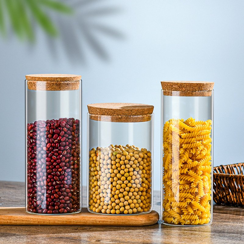 Round Borosilicate thicken airtight food storage clear glass jar Kitchen Storage Glass Jars Spice Container Bottles With cork