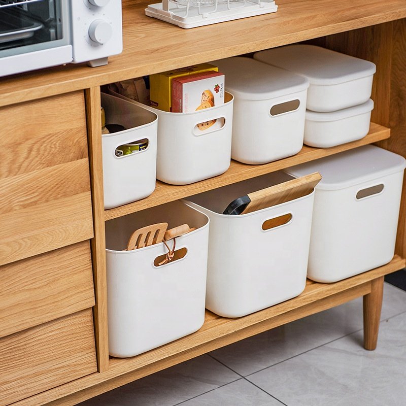 White home organizers built-in handle storage box plastic box for kitchen pantry shelf cabinet