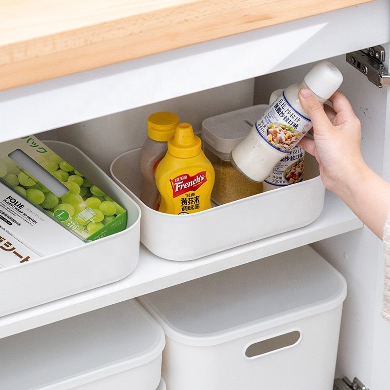 White home organizers built-in handle storage box plastic box for kitchen pantry shelf cabinet