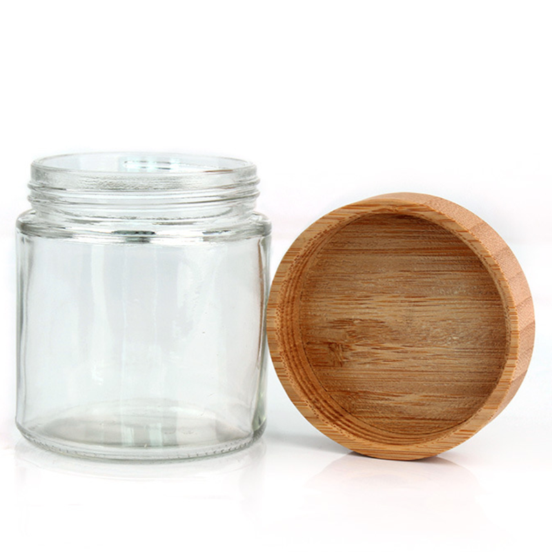 Clear Empty Refillable Glass Bottle with Natural Bamboo Lid round Wood Jars for Food and Seasoning Storage for Restaurants