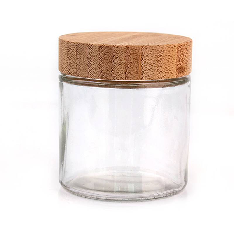 Clear Empty Refillable Glass Bottle with Natural Bamboo Lid round Wood Jars for Food and Seasoning Storage for Restaurants