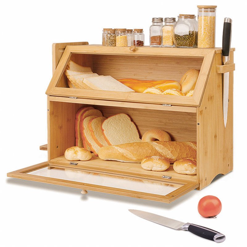 Bamboo Bread Box Bin Kitchen Food Storage Boxes Large Capacity Bread Keeper Roll