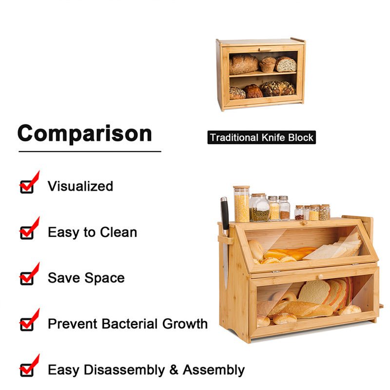 Bamboo Bread Box Bin Kitchen Food Storage Boxes Large Capacity Bread Keeper Roll