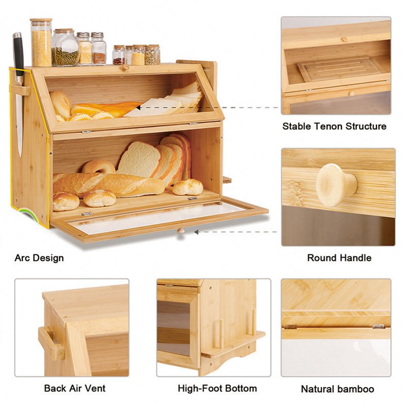 Bamboo Bread Box Bin Kitchen Food Storage Boxes Large Capacity Bread Keeper Roll