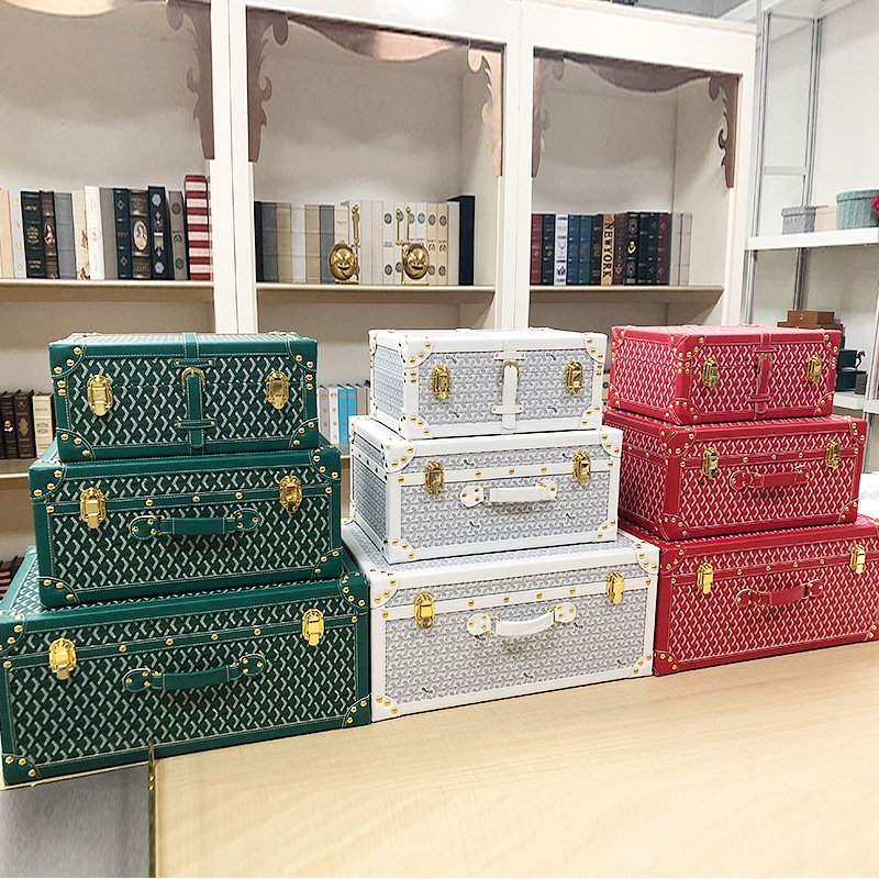 Wholesale Sales Leather Storage Suitcase Vintage Decor Suitcase Handheld Crafts Wooden Retro Decor Hat Box Case