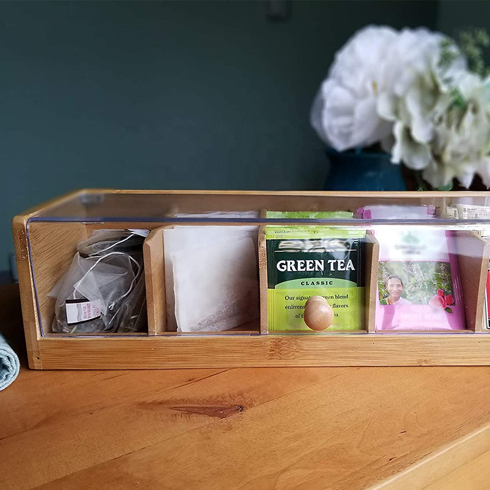 Custom OEM 5 Slots Bamboo Tea Bag Organizer Storage Holder Box Tea Bag Organizer with Acrylic Lid