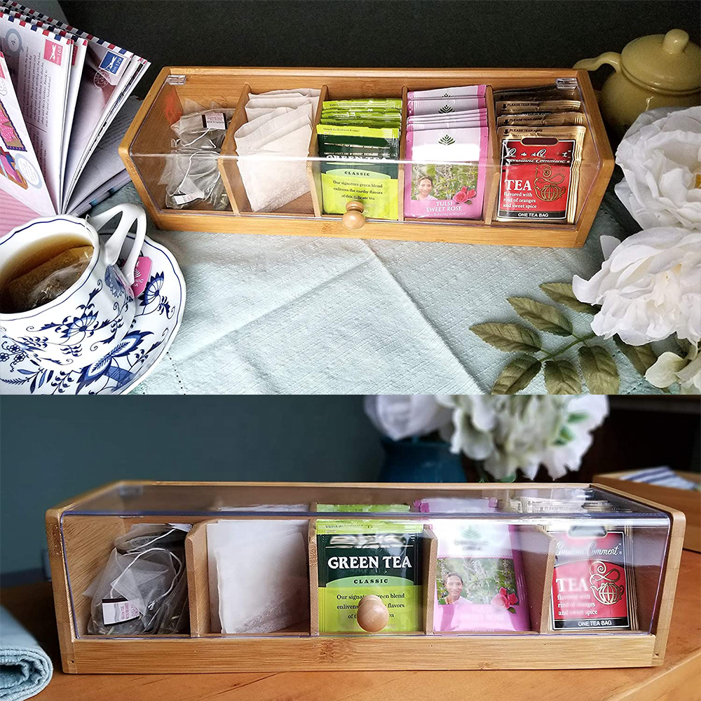 Custom OEM 5 Slots Bamboo Tea Bag Organizer Storage Holder Box Tea Bag Organizer with Acrylic Lid