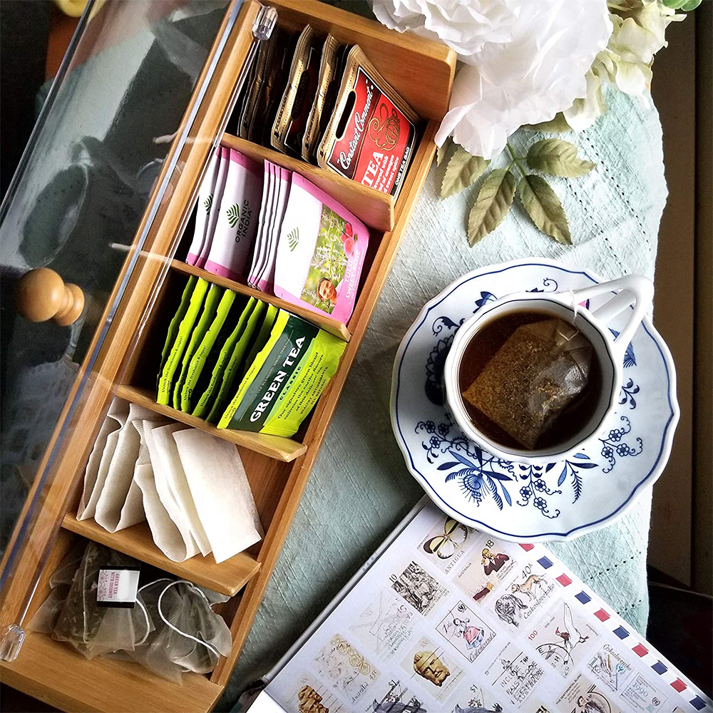Custom OEM 5 Slots Bamboo Tea Bag Organizer Storage Holder Box Tea Bag Organizer with Acrylic Lid