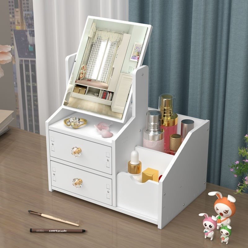 Student Dormitory Desktop Drawer Makeup & Jewelry Storage Rack Detachable Mirror Plastic Bin & Box